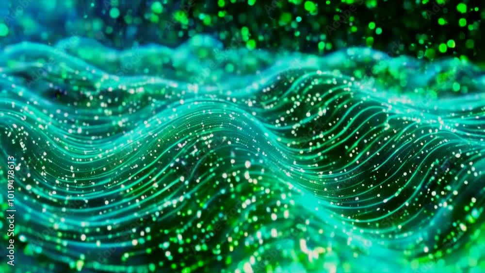 Abstract digital waves with glowing particles in green hues, evoking a sense of depth and motion. Abstract digital waves with glowing particles in green hues, evoking a sense of depth and motion.