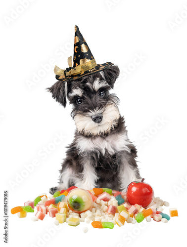 Portrait of Halloween miniature schnauzer puppy sitting isolated