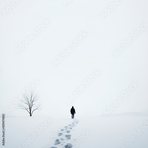 silhouette of a lone walker in the cold winter snow. Generative ai