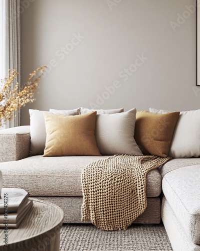 Cozy living room with sectional sofa, throw blanket, and pillows.