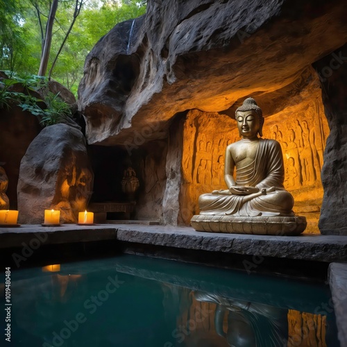 A monk meditating peacefully in the serene atmosphere of Seokguram Grotto. photo