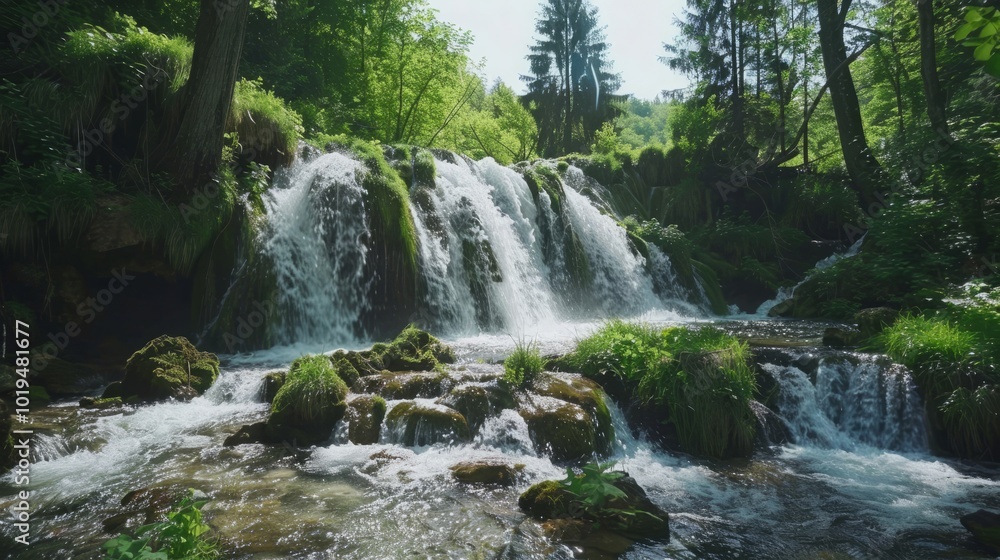 Waterfall on the Mountain Stream in the Forest Waterfall on the Mountain Stream in the Forest