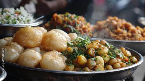 some indian streets food like paties dahi bhalle, aloo papd and pakode photo