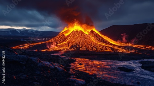 Majestic Big Volcano Erupting with Fiery Lava and Smoke Against a Stunning Landscape, Capturing the Power of Nature