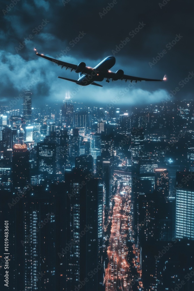 Nighttime view of a commercial airplane flying over a cityscape illuminated by city lights Nighttime view of a commercial airplane flying over a cityscape illuminated by city lights