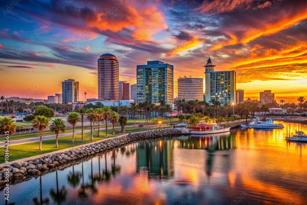 Fototapeta premium Vibrant Downtown Long Beach Skyline with Modern Architecture and Scenic Coastal Views at Sunset