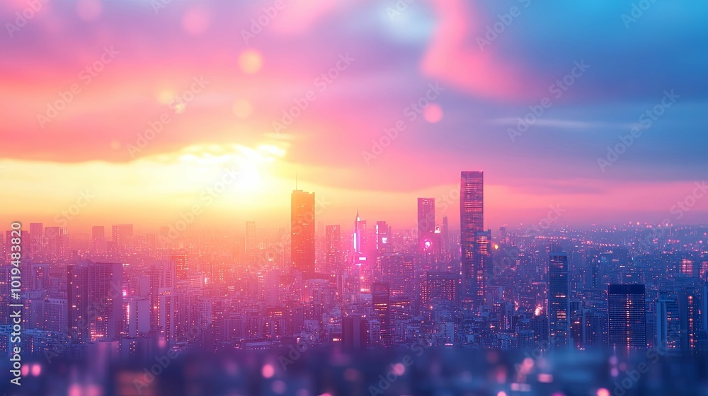 Fototapeta premium A Vibrant City Skyline Bathed in a Pink and Orange Sunset Glow