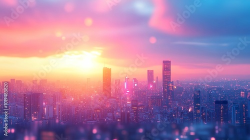 A Vibrant City Skyline Bathed in a Pink and Orange Sunset Glow