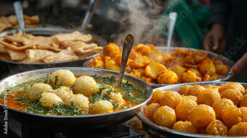 some indian streets food like paties dahi bhalle, aloo papd and pakode photo