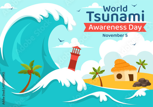 World Tsunami Awareness Day Vector Illustration on November 5, featuring Waves Crashing into Houses, Trees, and Buildings in a Flat Style Background