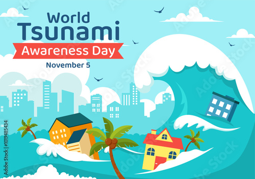 World Tsunami Awareness Day Vector Illustration on November 5, featuring Waves Crashing into Houses, Trees, and Buildings in a Flat Style Background