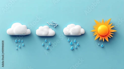 Clouds, Lightning, Rain, and a Sun on a Blue Background photo