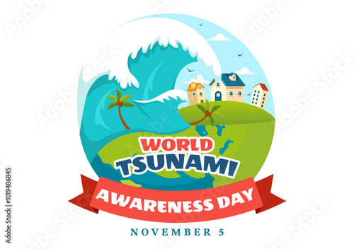 World Tsunami Awareness Day Vector Illustration on November 5, featuring Waves Crashing into Houses, Trees, and Buildings in a Flat Style Background