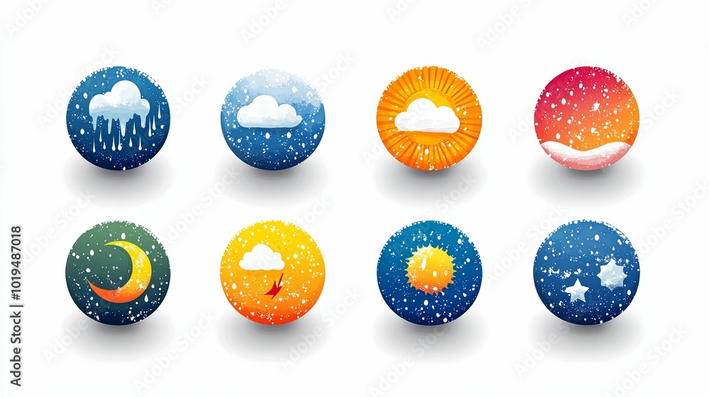 Eight Circular Weather Icons with White Clouds, Sun, Moon, and Stars Eight Circular Weather Icons with White Clouds, Sun, Moon, and Stars