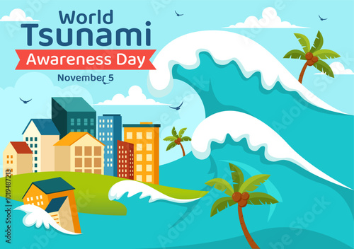 World Tsunami Awareness Day Vector Illustration on November 5, featuring Waves Crashing into Houses, Trees, and Buildings in a Flat Style Background