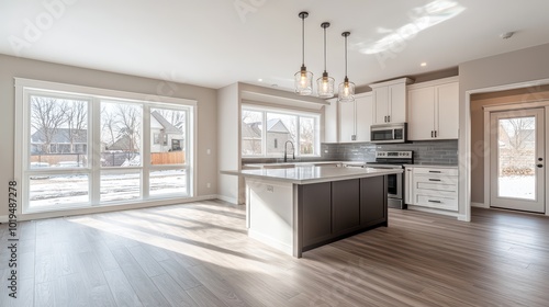 Wallpaper Mural Beautiful Modern Kitchen. An empty modern kitchen with a large island, high-end appliances, and natural light, perfect for real estate or home renovation ads. Torontodigital.ca