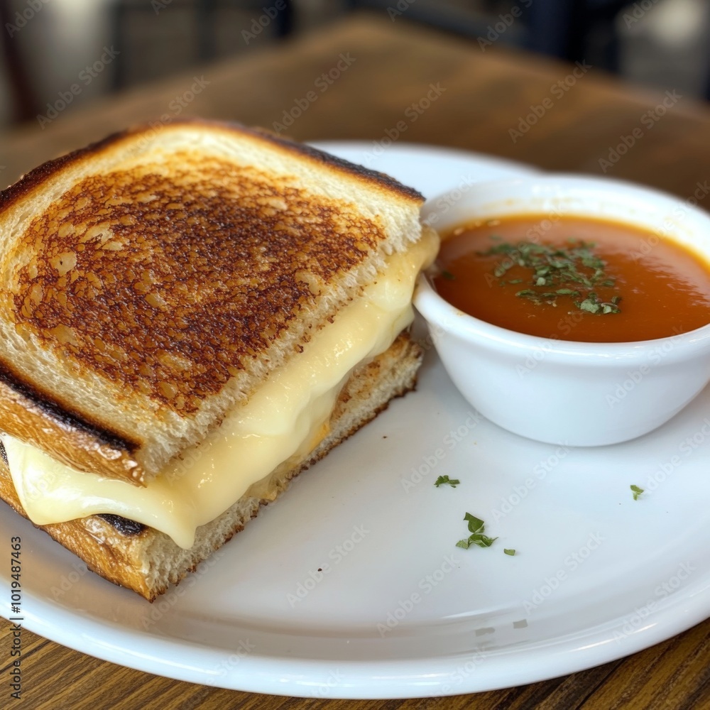 A grilled cheese sandwich and tomato soup on a white plate. A grilled cheese sandwich and tomato soup on a white plate.
