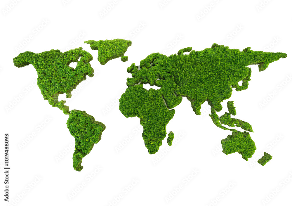Green World Map- 3D tree or forest shape of world map isolated on transparent or white background Green World Map- 3D tree or forest shape of world map isolated on transparent or white background