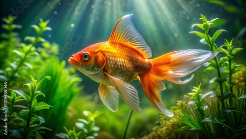 Vibrant Goldfish Swimming Gracefully in Clear Water with Lush Green Aquatic Plants Surrounding It