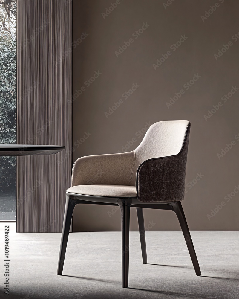 Modern upholstered dining chair with wooden legs. (1) Modern upholstered dining chair with wooden legs. (1)