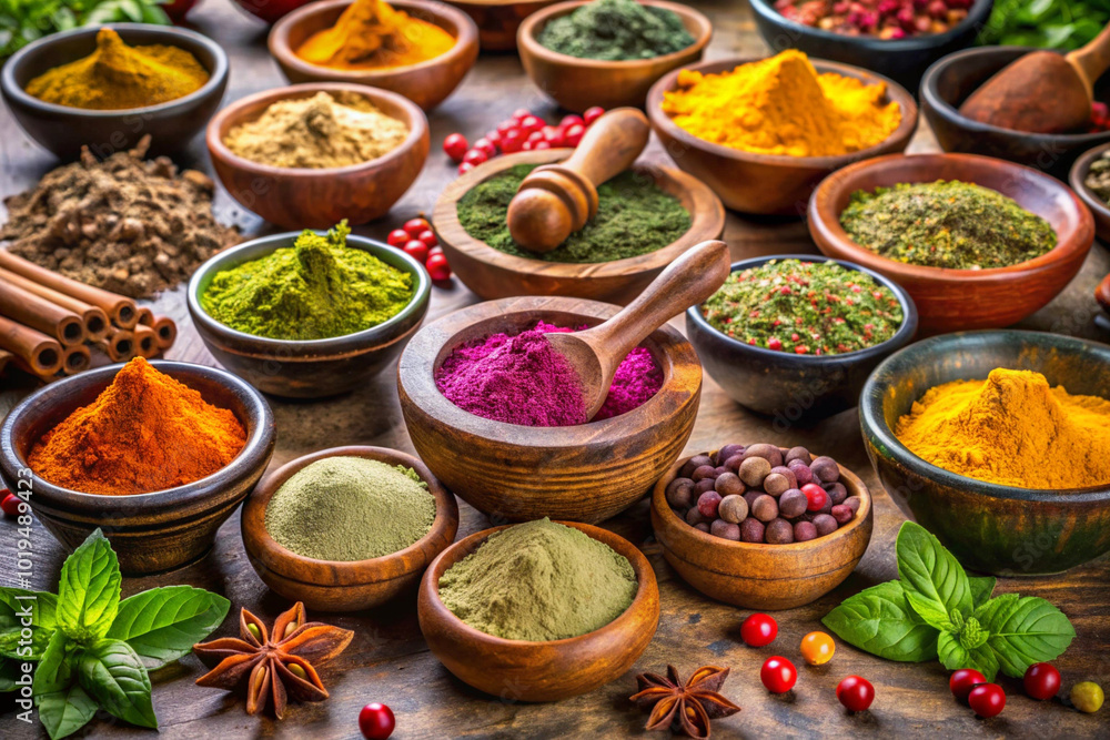 Ayurvedic medicinal powders in clay bowls, arranged with holistic healing tools Ayurvedic medicinal powders in clay bowls, arranged with holistic healing tools