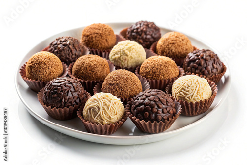 Brazilian brigadeiros on plate,isolated on white background