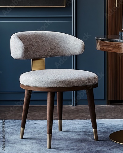 Modern upholstered dining chair with wooden legs and gold accents.