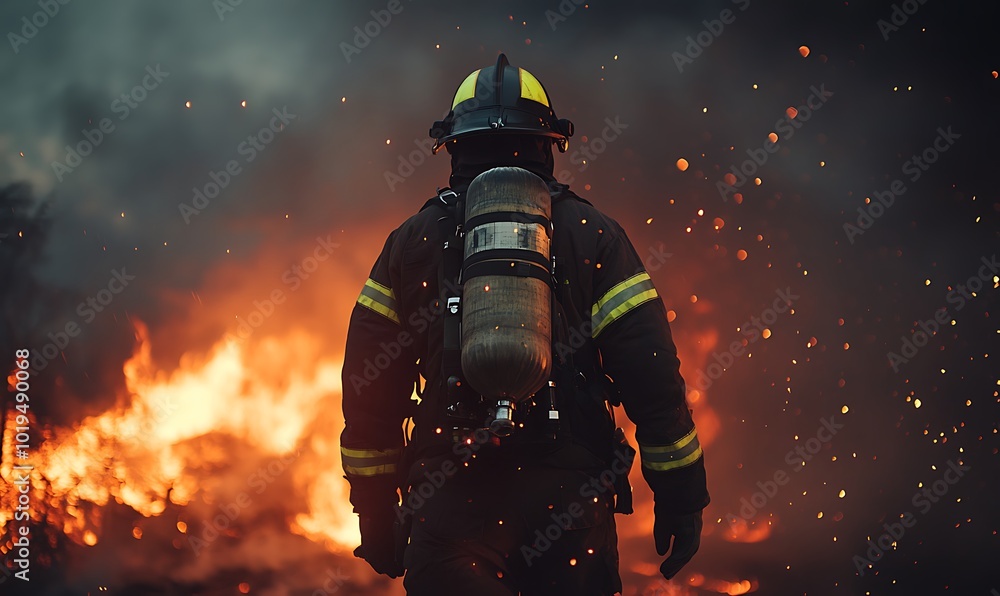 Firefighter Standing in Front of a Blaze Firefighter Standing in Front of a Blaze