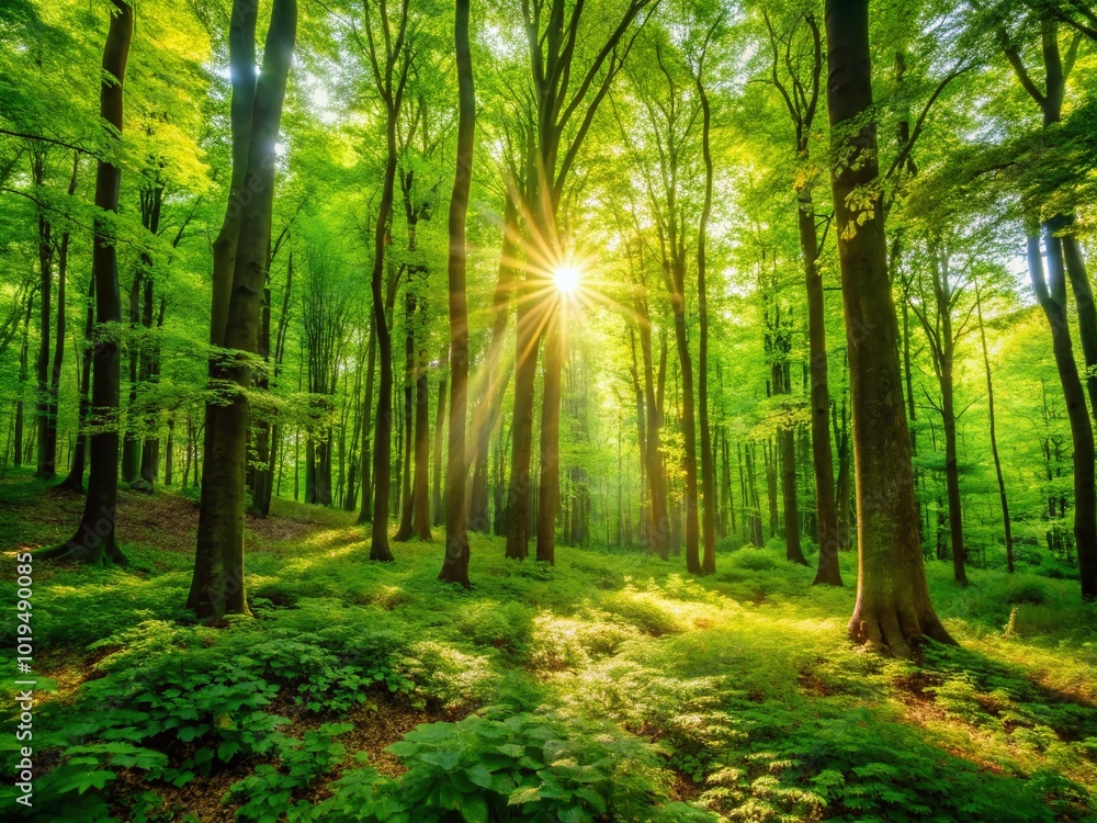 Naklejka premium Vibrant Green Forest Landscape with Sunlight Filtering Through Leaves and Lush Vegetation Below