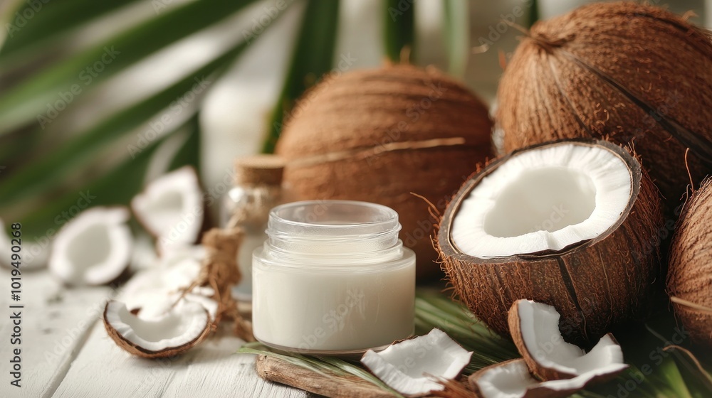 Coconut Products and Palm Leaf on White Background Coconut Products and Palm Leaf on White Background