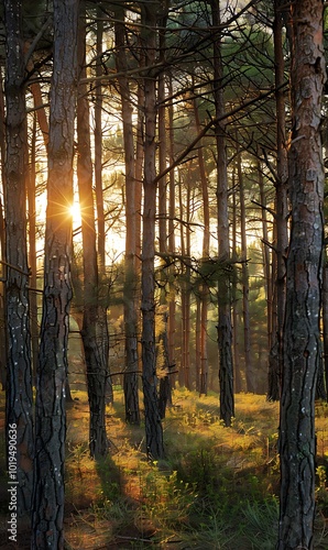 Pine forest in the fog at sunrise. illustration.