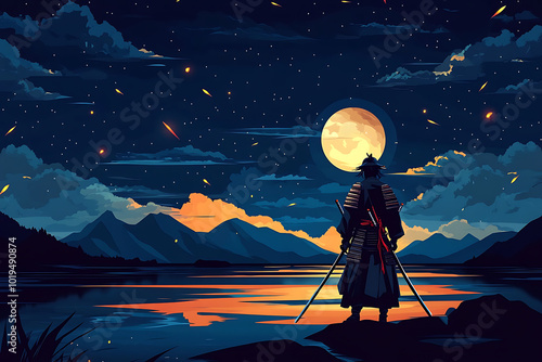 A lone samurai gazes at a serene moonlit landscape, evoking themes of solitude and reflection. photo