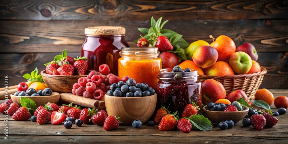 A Still Life Composition Featuring Fresh Fruit, Berries, and Preserves in Glass Jars on a Rustic Wooden Surface A Still Life Composition Featuring Fresh Fruit, Berries, and Preserves in Glass Jars on a Rustic Wooden Surface