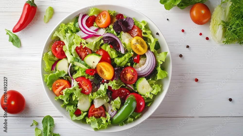 Healthy Salad Bowl. An overhead shot of a healthy salad bowl with a variety of colorful vegetables, perfect for health and wellness brand promotions. Healthy Salad Bowl. An overhead shot of a healthy salad bowl with a variety of colorful vegetables, perfect for health and wellness brand promotions.