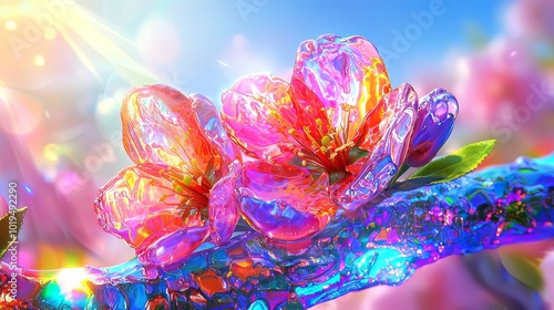 Vibrant glassy flowers bloom beautifully on branch, reflecting light in stunning array of colors. scene captures essence of spring and natures artistry