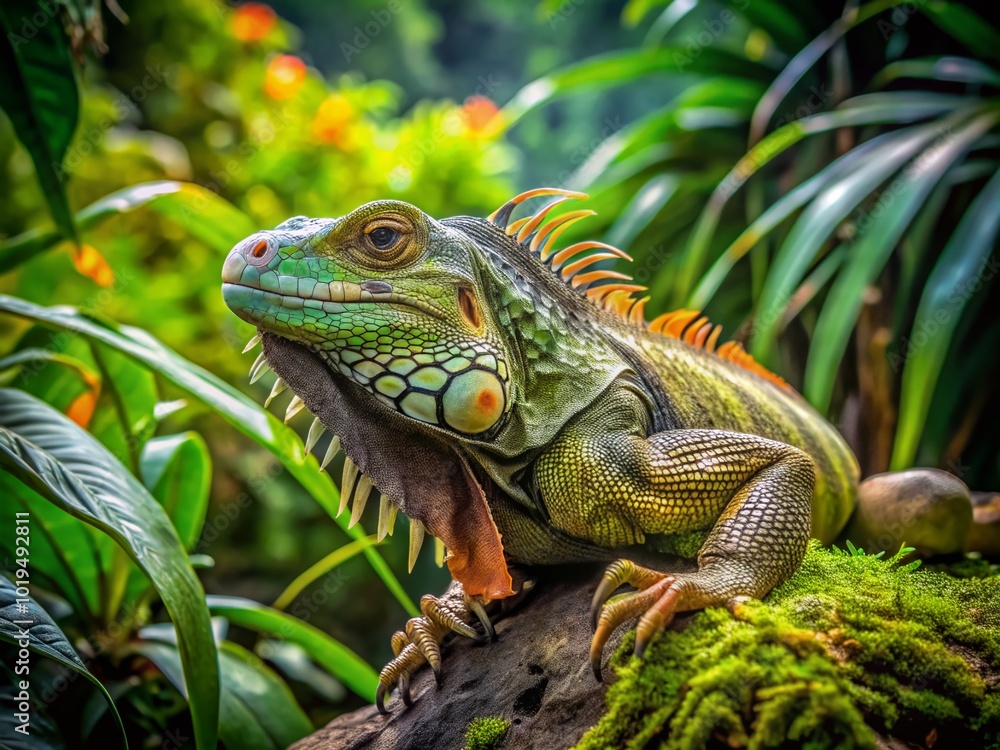 Vibrant Iguana Resting on a Rock Surrounded by Lush Green Foliage in a Tropical Environment Vibrant Iguana Resting on a Rock Surrounded by Lush Green Foliage in a Tropical Environment