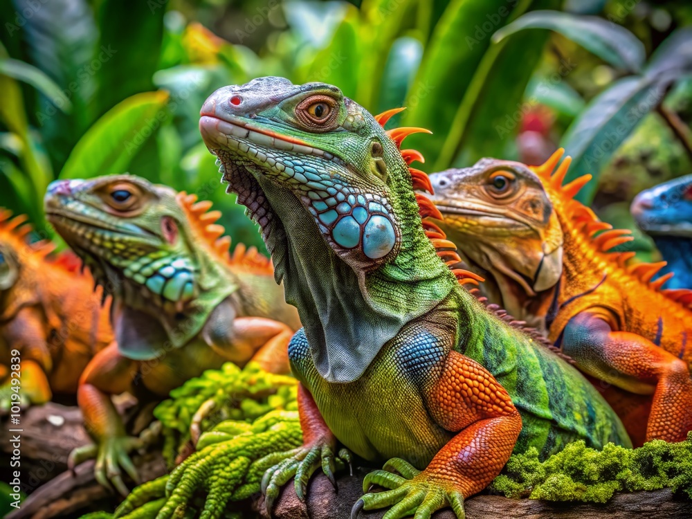 Vibrant Iguanas in Their Natural Habitat: Colorful Reptiles Relaxing in the Lush Green Environment Vibrant Iguanas in Their Natural Habitat: Colorful Reptiles Relaxing in the Lush Green Environment