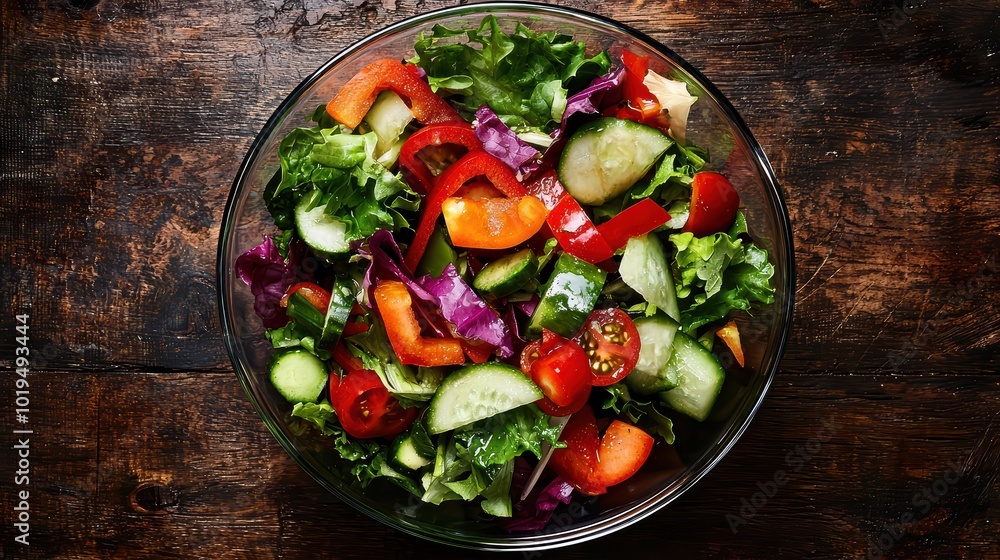Healthy Salad Bowl. An overhead shot of a healthy salad bowl with a variety of colorful vegetables, perfect for health and wellness brand promotions. Healthy Salad Bowl. An overhead shot of a healthy salad bowl with a variety of colorful vegetables, perfect for health and wellness brand promotions.