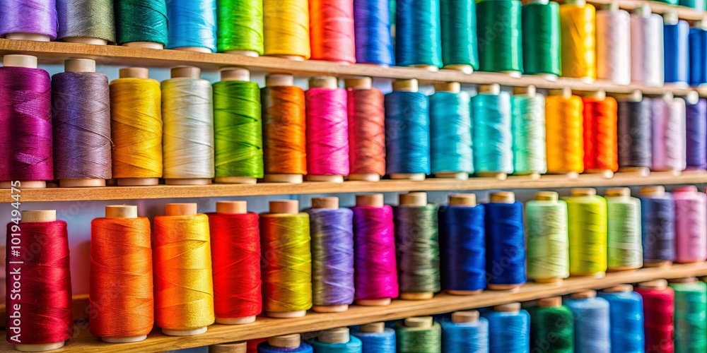 A vibrant rainbow of thread spools neatly arranged on wooden shelves, a visual symphony of color and texture, offering endless possibilities for creative expression. A vibrant rainbow of thread spools neatly arranged on wooden shelves, a visual symphony of color and texture, offering endless possibilities for creative expression.