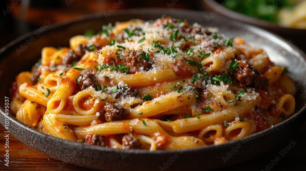 A delicious plate of pasta topped with meat sauce and cheese. A delicious plate of pasta topped with meat sauce and cheese.