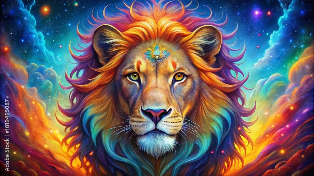 Fototapeta premium Vibrant Leo Zodiac Sign Illustration Featuring Bold Colors and Astrological Elements on a Canvas