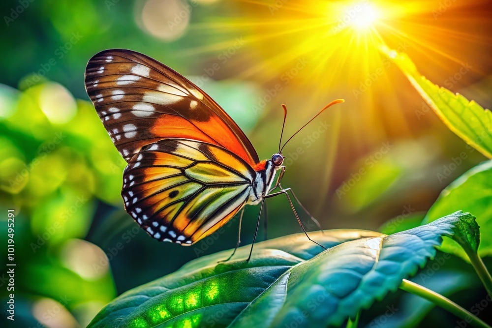 Fototapeta premium Vibrant Line Butterfly Perched on a Green Leaf in a Sunlit Natural Environment, Macro Photography
