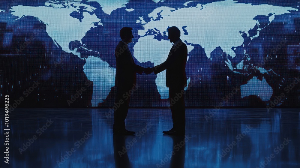 Fototapeta premium Two business people shaking hands in front of a world map backdrop.