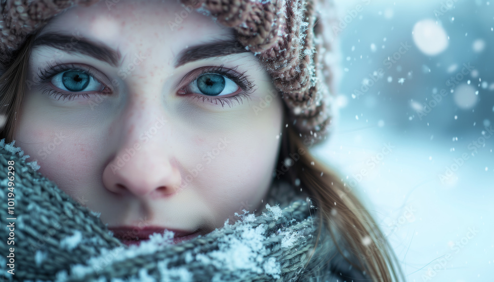 Close-Up Portrait of Woman in Winter Snowfall Wearing Wool Hat and Scarf, Blue Eyes and Snowflakes Close-Up Portrait of Woman in Winter Snowfall Wearing Wool Hat and Scarf, Blue Eyes and Snowflakes
