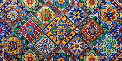 Vibrant Mexican Tile Mosaic Pattern Featuring Colorful Geometric Shapes and Intricate Designs