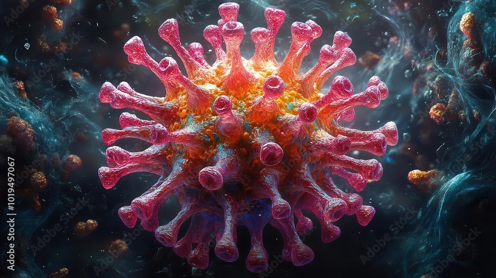 3drendered illustration of a highly detailed virus showcasing its structure and complexity with vibrant colors against a dark background evoking a sense of scientific intrigue 3drendered illustration of a highly detailed virus showcasing its structure and complexity with vibrant colors against a dark background evoking a sense of scientific intrigue