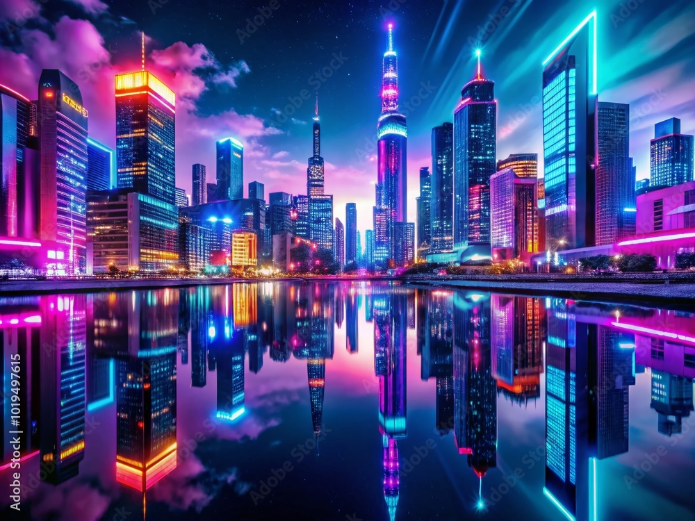 Fototapeta premium Vibrant Neon City Background with Glowing Lights and Reflections for Urban and Futuristic Themes