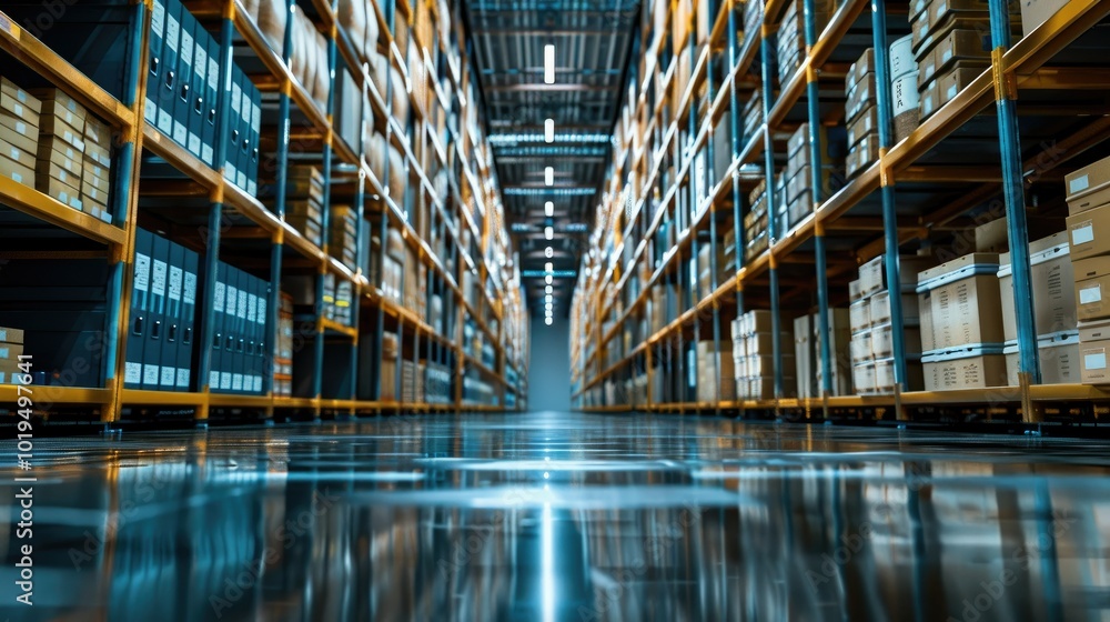 Fototapeta premium Warehouse Interior: Rows of Shelving and Bright Lights