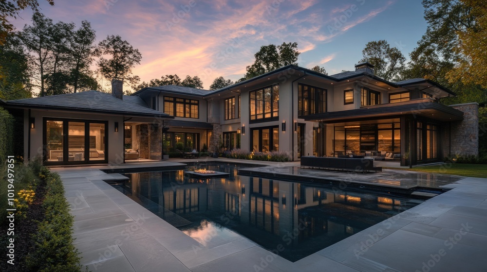 Fototapeta premium A modern luxury home with a pool and patio at sunset.