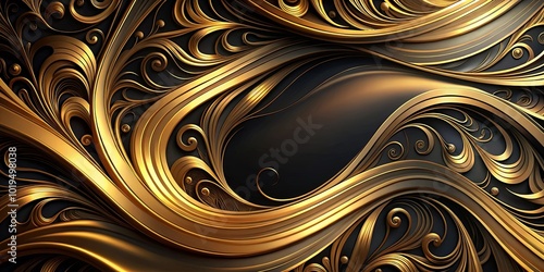 A symphony of golden curves and intricate swirls dancing on a black canvas, creating a luxurious and captivating abstract design.